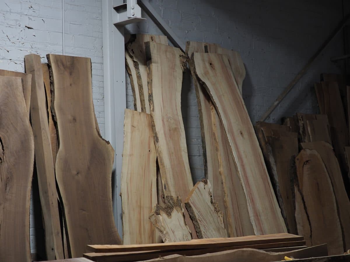 Walk the APOC Cleveland warehouse — 5,000+ live-edge wood slabs, kiln-dried Cleveland hardwood on the floor today